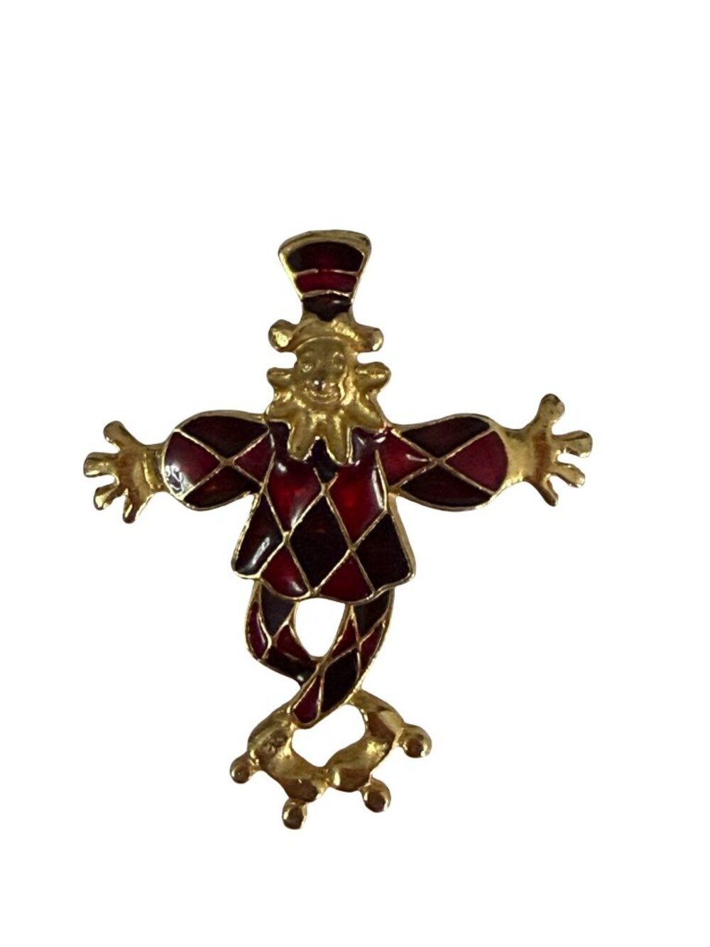 Vintage Articulated Harlequin Clown Brooch Red Enamel Gold Tone Moving Legs 2"